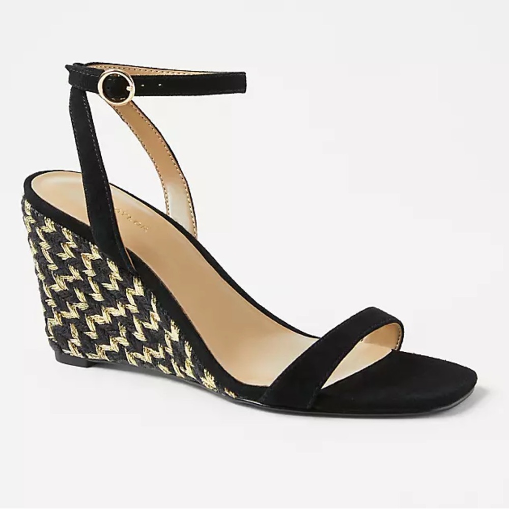 NEW $158 Ann Taylor Black Gold Espadrille Wedge Sandals women size 6.5